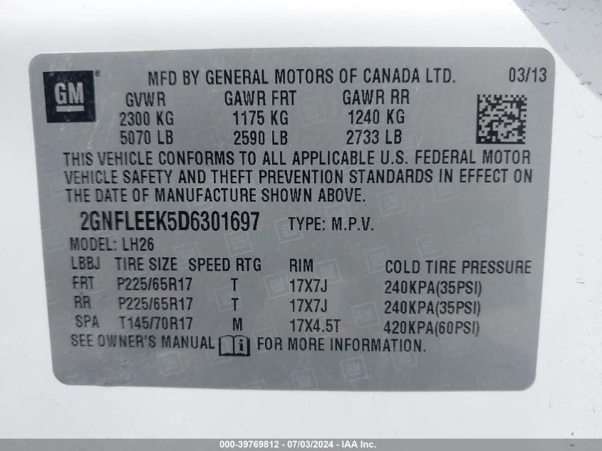 2013 Chevrolet Equinox Lt VIN: 2GNFLEEK5D6301697 Lot: 39769812