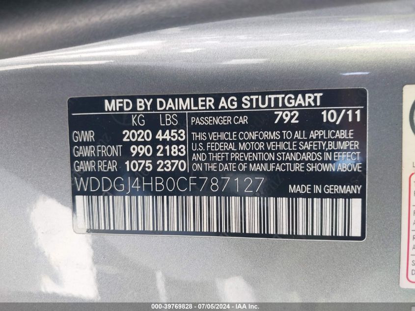 2012 Mercedes-Benz C 250 VIN: WDDGJ4HB0CF787127 Lot: 39769828