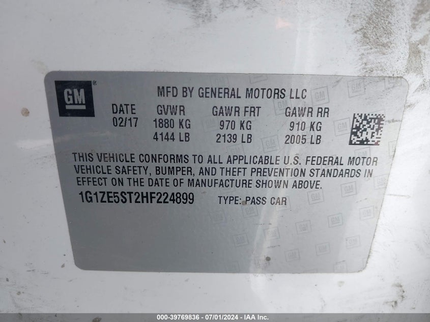 2017 Chevrolet Malibu 1Lt VIN: 1G1ZE5ST2HF224899 Lot: 39769836