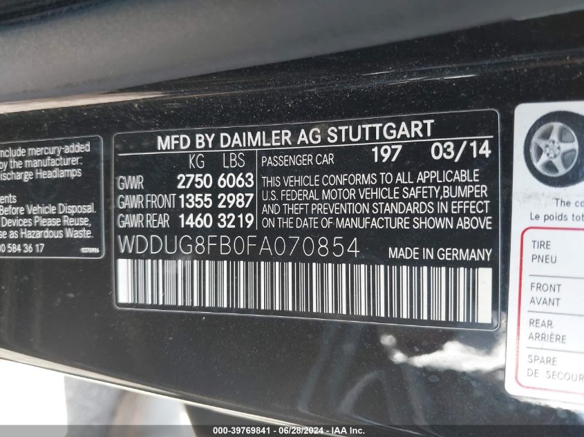 2015 Mercedes-Benz S 550 4Matic VIN: WDDUG8FB0FA070854 Lot: 39769841