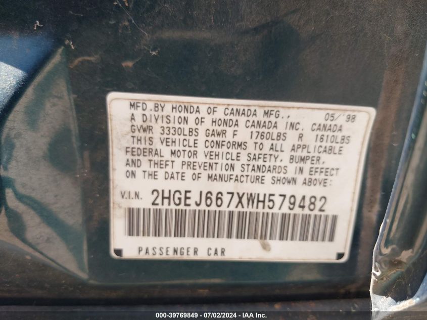 1998 Honda Civic Lx VIN: 2HGEJ667XWH579482 Lot: 39769849