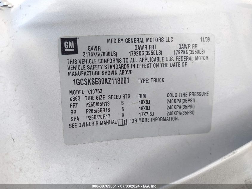 2010 Chevrolet Silverado K1500 Lt VIN: 1GCSKSE30AZ118001 Lot: 39769851