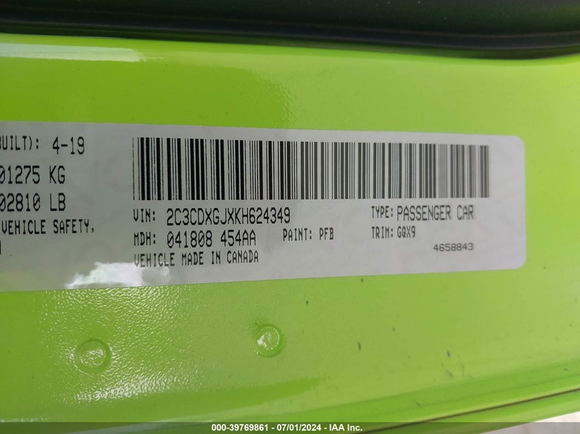 2019 Dodge Charger Scat Pack Rwd VIN: 2C3CDXGJXKH624349 Lot: 39769861