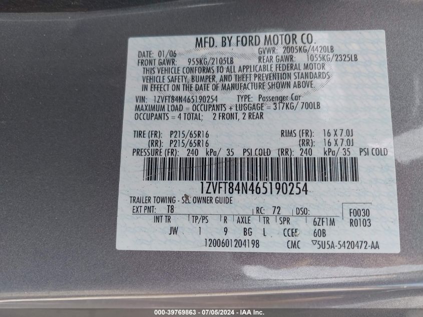 2006 Ford Mustang V6 VIN: 1ZVFT84N465190254 Lot: 39769863