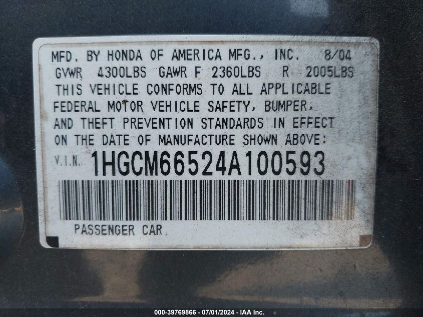 2004 Honda Accord 3.0 Ex VIN: 1HGCM66524A100593 Lot: 39769866