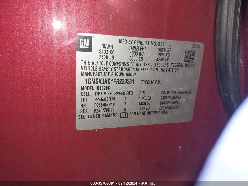 2015 Chevrolet Suburban 1500 Lt VIN: 1GNSKJKC1FR239231 Lot: 39769881