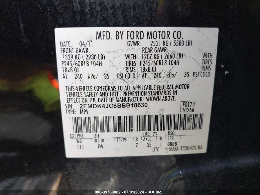 2011 Ford Edge Sel VIN: 2FMDK4JC6BBB18630 Lot: 39769882