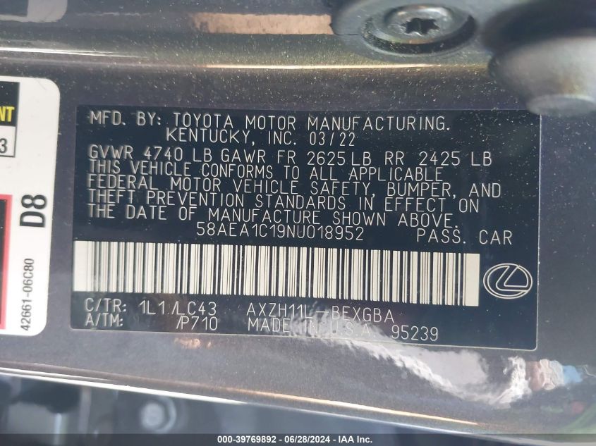 2022 Lexus Es 300H Luxury VIN: 58AEA1C19NU018952 Lot: 39769892