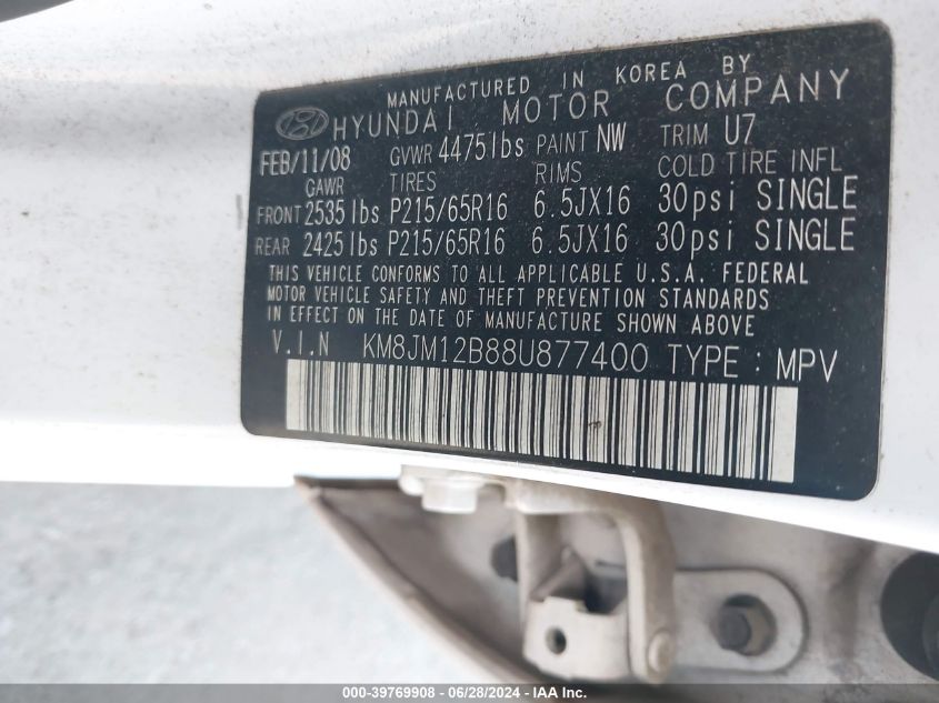 2008 Hyundai Tucson Gls VIN: KM8JM12B88U877400 Lot: 39769908