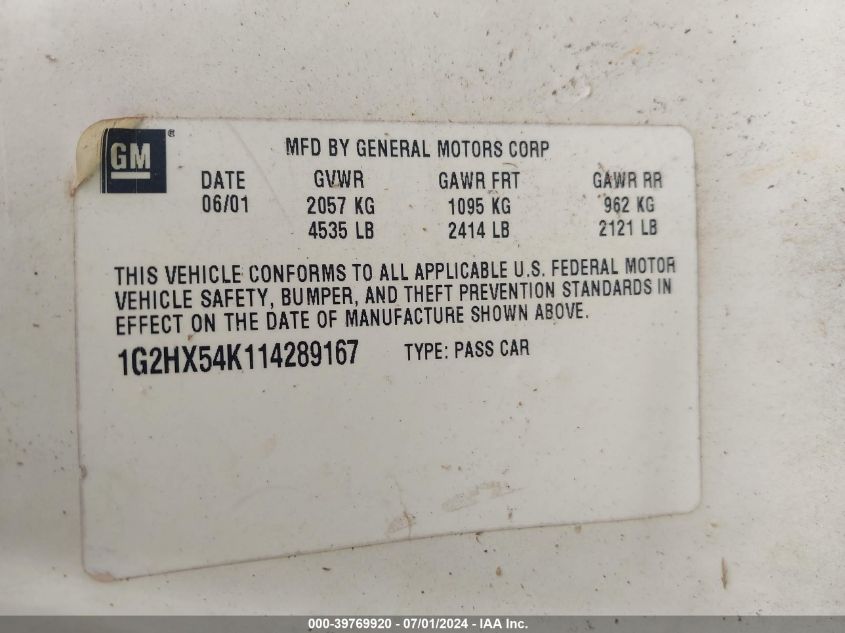 2001 Pontiac Bonneville Se VIN: 1G2HX54K114289167 Lot: 39769920