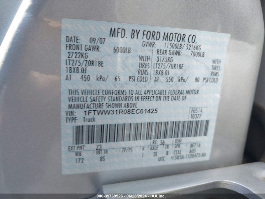 2008 Ford F-350 Fx4/Harley-Davidson/King Ranch/Lariat/Xl/Xlt VIN: 1FTWW31R08EC61425 Lot: 39769926