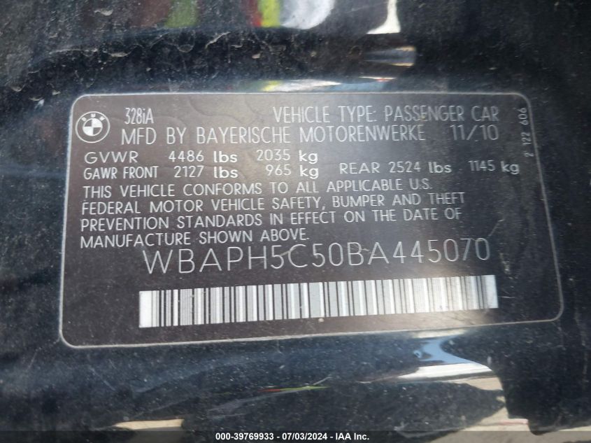 2011 BMW 328I VIN: WBAPH5C50BA445070 Lot: 39769933