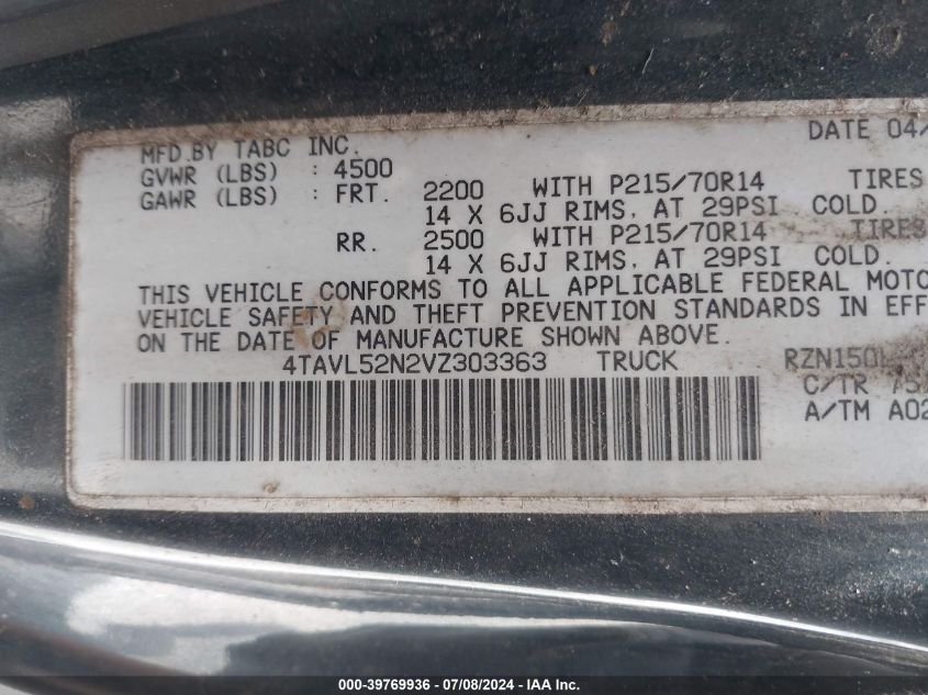 1997 Toyota Tacoma VIN: 4TAVL52N2VZ303363 Lot: 39769936
