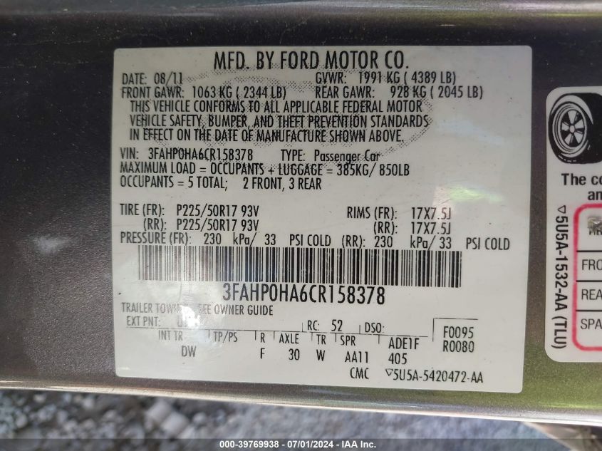 2012 Ford Fusion Se VIN: 3FAHP0HA6CR158378 Lot: 39769938