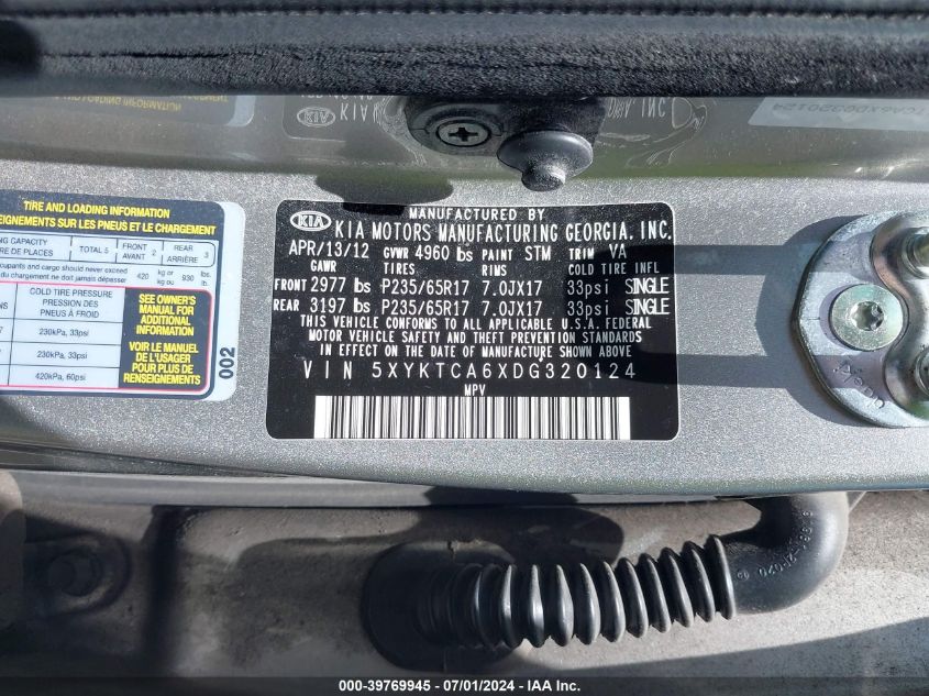 2013 Kia Sorento Lx VIN: 5XYKTCA6XDG320124 Lot: 39769945