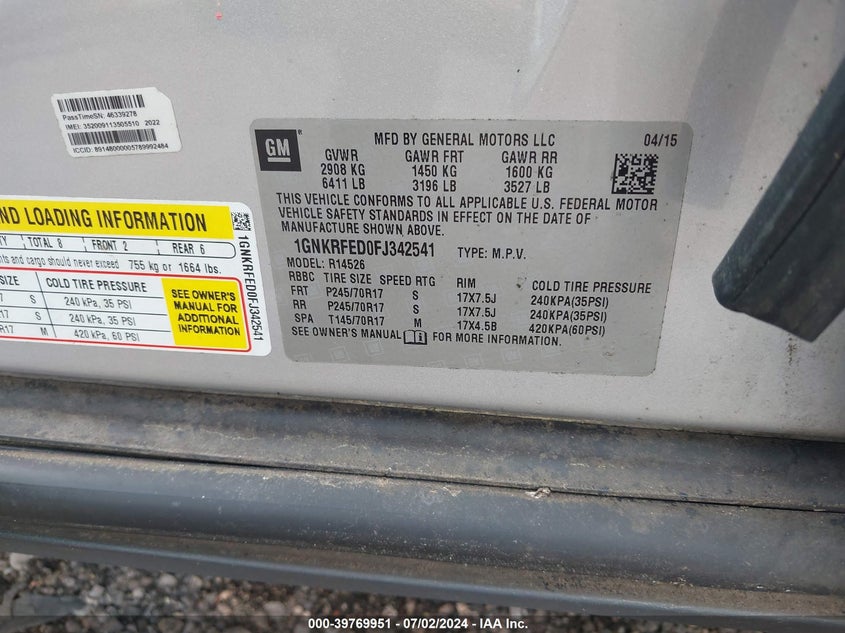 2015 Chevrolet Traverse Ls VIN: 1GNKRFED0FJ342541 Lot: 39769951