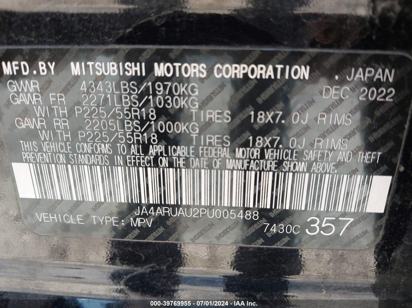 2023 Mitsubishi Outlander Sport 2.0 Es Awc VIN: JA4ARUAU2PU005488 Lot: 39769955