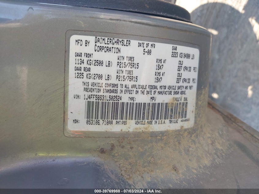 2001 Jeep Cherokee Limited/Sport VIN: 1J4FF58S31L502524 Lot: 39769988