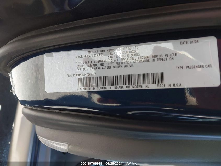 2004 Subaru Outback VIN: 4S3BH675147641872 Lot: 39769996