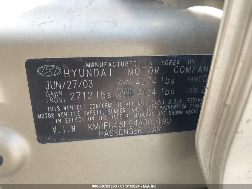 2004 Hyundai Xg350 L VIN: KMHFU45E94A300190 Lot: 39769998