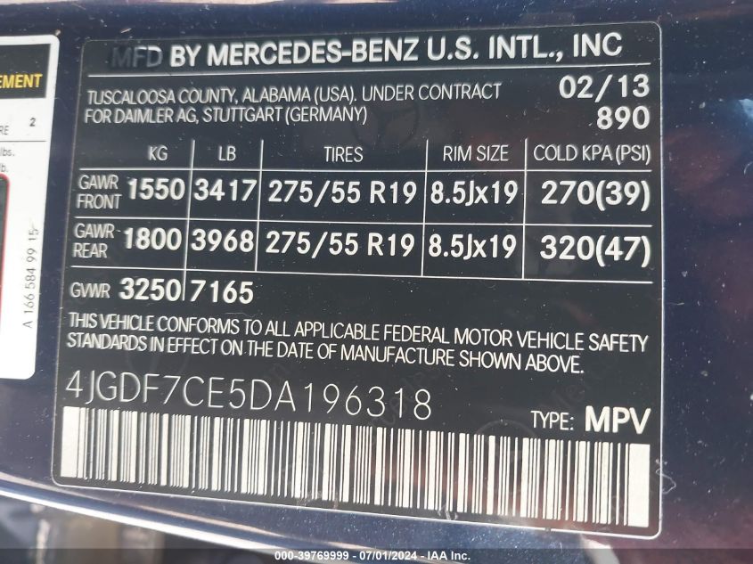 2013 Mercedes-Benz Gl 450 4Matic VIN: 4JGDF7CE5DA196318 Lot: 39769999