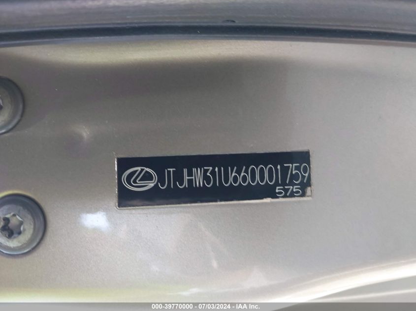 2006 Lexus Rx 400H VIN: JTJHW31U660001759 Lot: 39770000