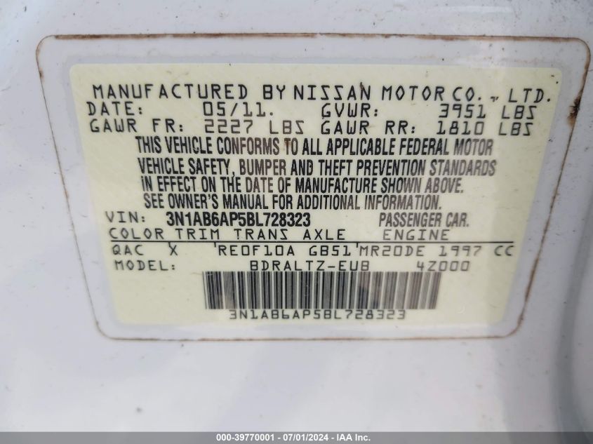 2011 Nissan Sentra 2.0Sr VIN: 3N1AB6AP5BL728323 Lot: 39770001