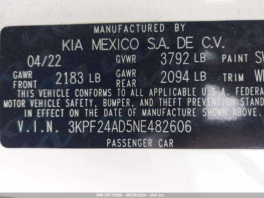 3KPF24AD5NE482606 | 2022 KIA FORTE