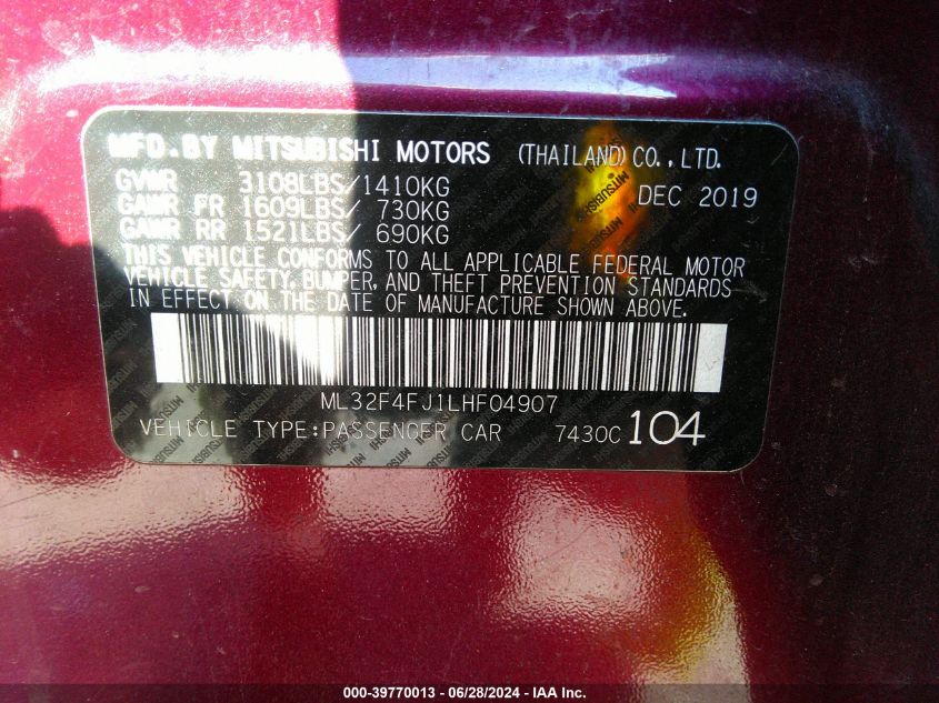 2020 Mitsubishi Mirage G4 Le VIN: ML32F4FJ1LHF04907 Lot: 39770013