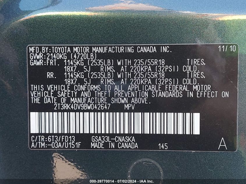 2011 Toyota Rav4 Sport V6 VIN: 2T3RK4DV9BW042647 Lot: 39770014