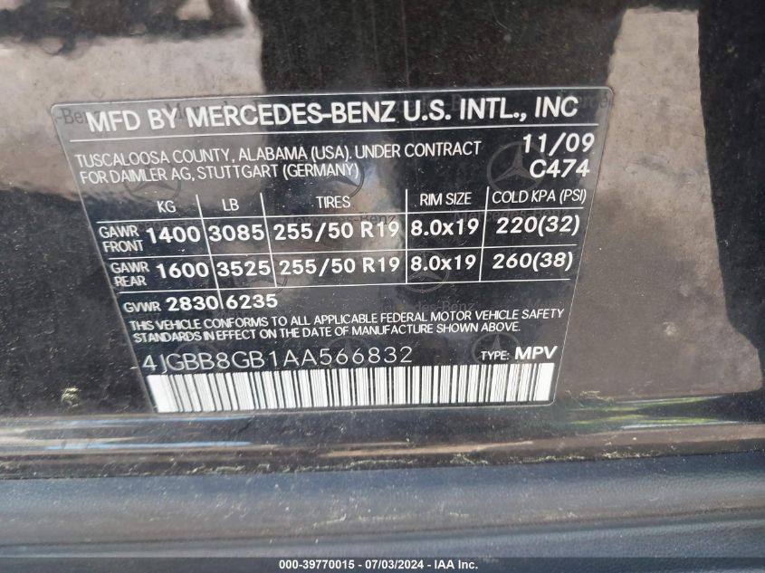 2010 Mercedes-Benz Ml 350 4Matic VIN: 4JGBB8GB1AA566832 Lot: 39770015