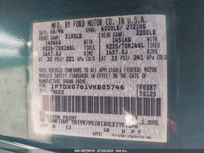 1997 Ford F150 VIN: 1FDDX1761VNB05746 Lot: 39770018