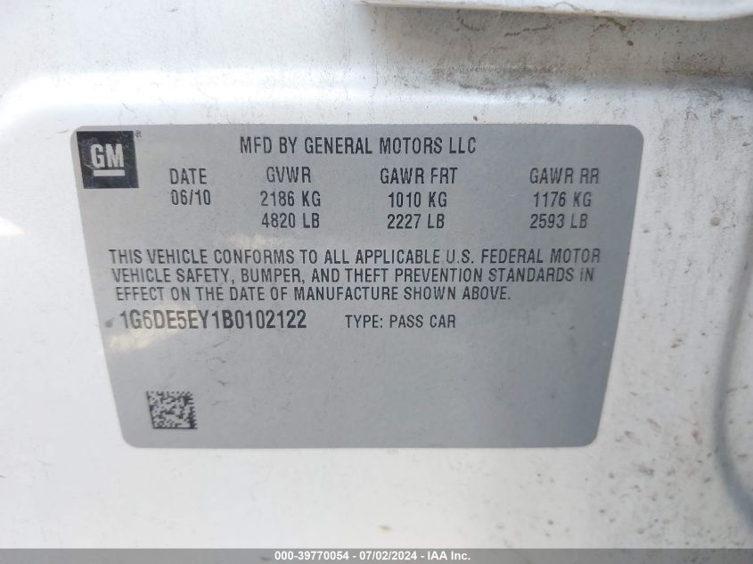 2011 Cadillac Cts Luxury Collection VIN: 1G6DE5EY1B0102122 Lot: 39770054