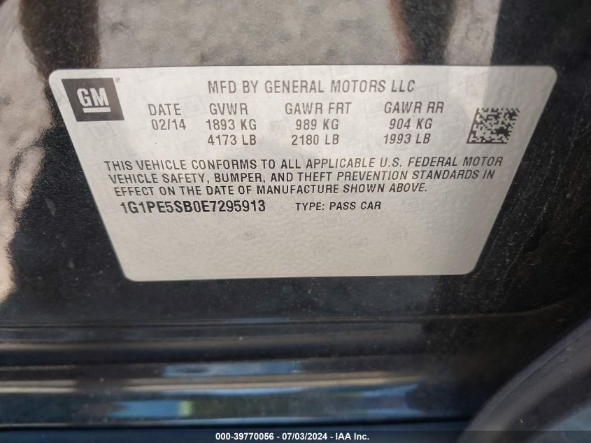 2014 Chevrolet Cruze 2Lt Auto VIN: 1G1PE5SB0E7295913 Lot: 39770056