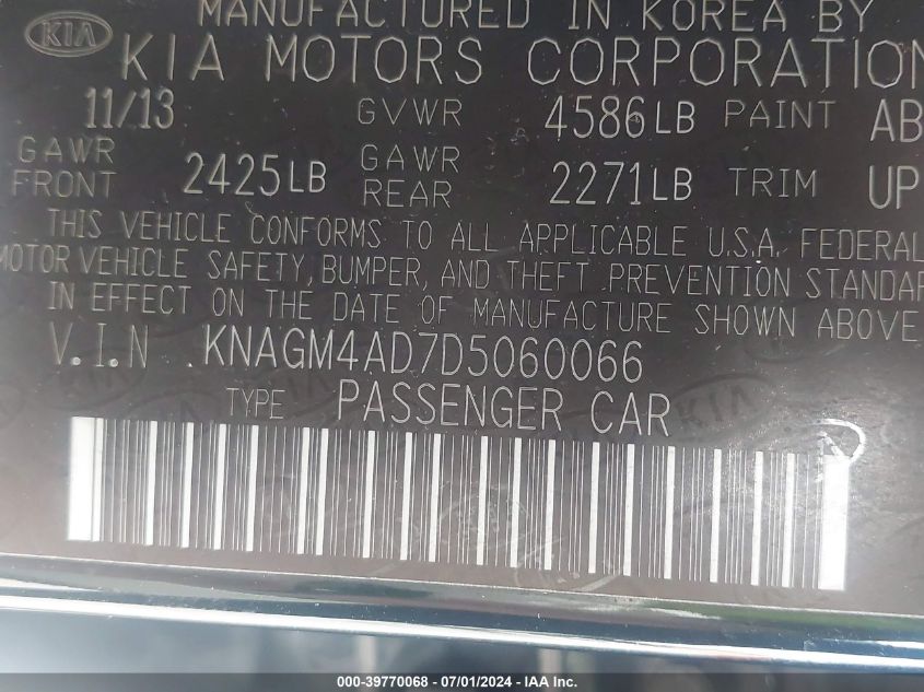 2013 Kia Optima Hybrid Ex VIN: KNAGM4AD7D5060066 Lot: 39770068