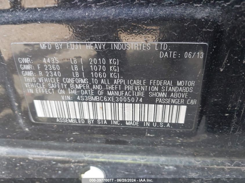 2014 Subaru Legacy 2.5I Premium VIN: 4S3BMBC6XE3005074 Lot: 39770077