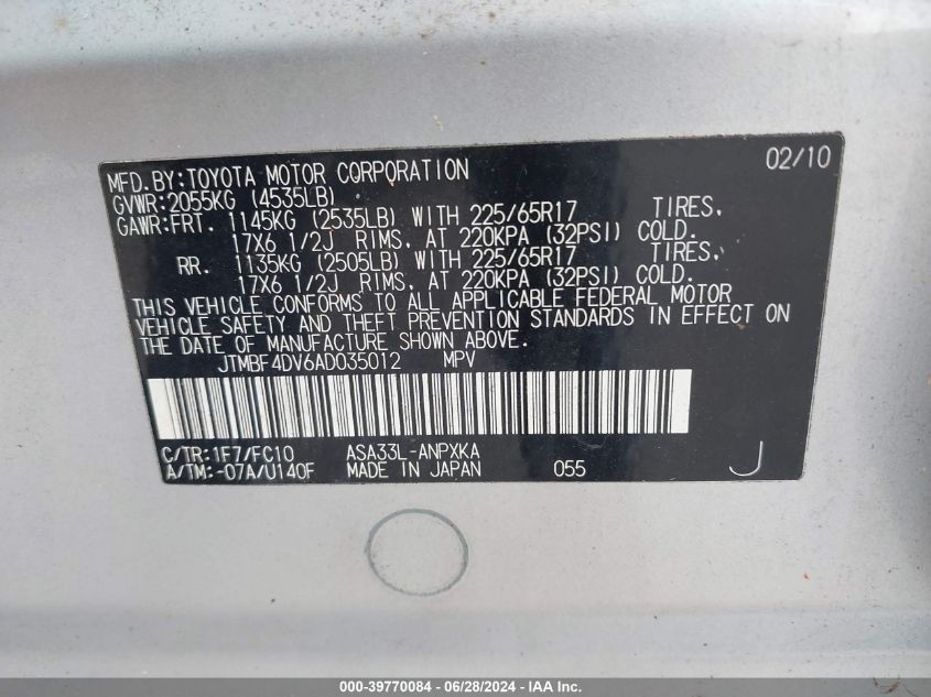 2010 Toyota Rav4 VIN: JTMBF4DV6AD035012 Lot: 39770084