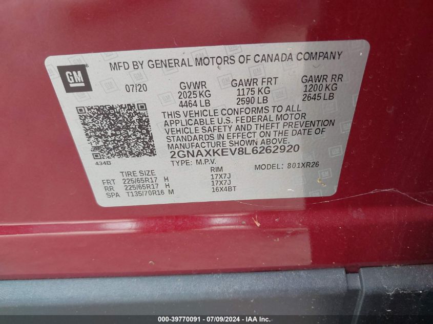 2020 Chevrolet Equinox Lt VIN: 2GNAXKEV8L6262920 Lot: 39770091
