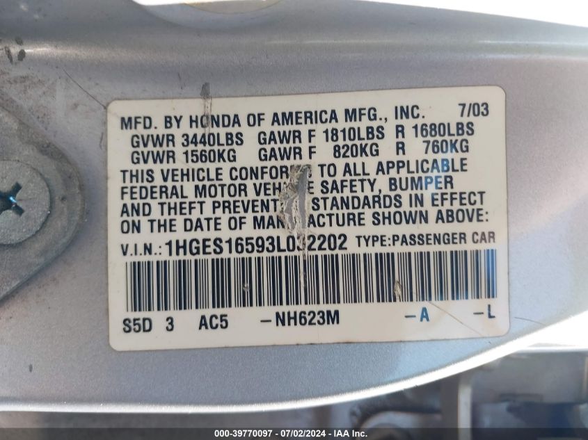 2003 Honda Civic Lx VIN: 1HGES16593L032202 Lot: 39770097