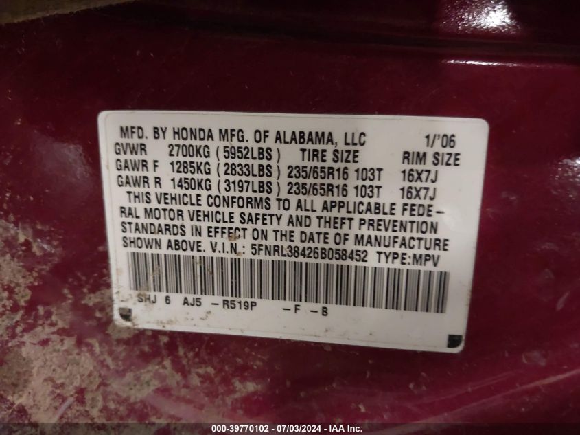 2006 Honda Odyssey Ex VIN: 5FNRL38426B058452 Lot: 39770102