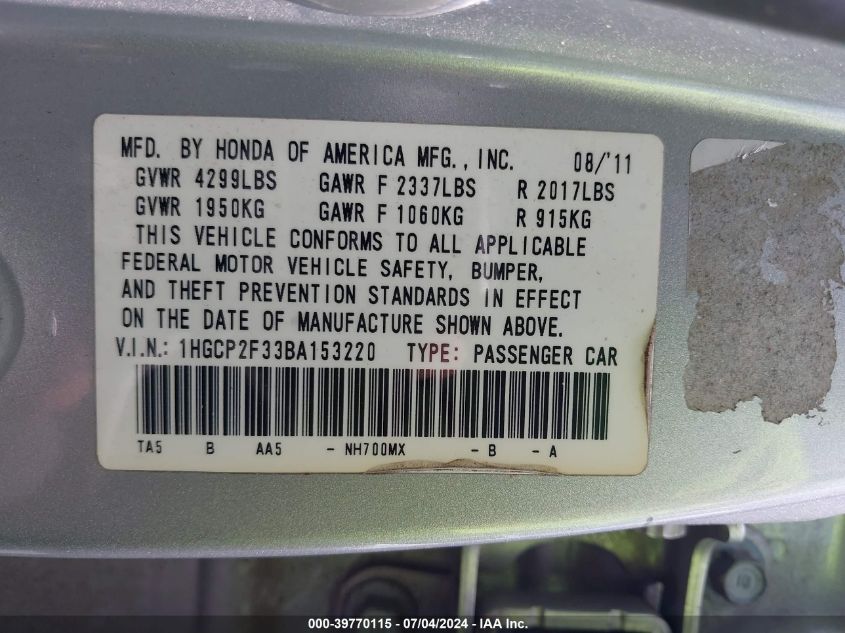 2011 Honda Accord 2.4 Lx VIN: 1HGCP2F33BA153220 Lot: 39770115
