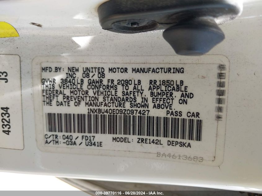 2009 Toyota Corolla S VIN: 1NXBU40E09Z097427 Lot: 39770116