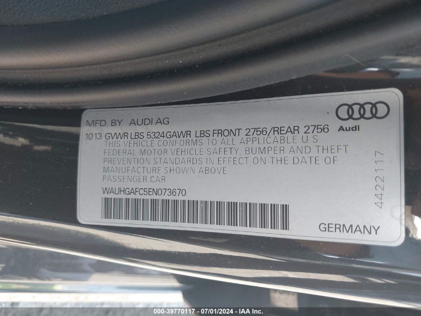 2014 Audi A6 3.0T Premium Plus VIN: WAUHGAFC5EN073670 Lot: 39770117