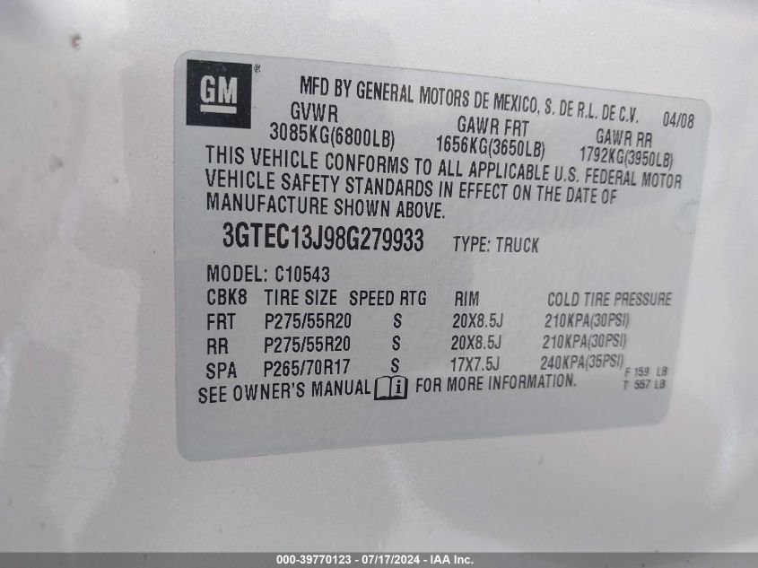 2008 GMC Sierra 1500 Sle1 VIN: 3GTEC13J98G279933 Lot: 39770123