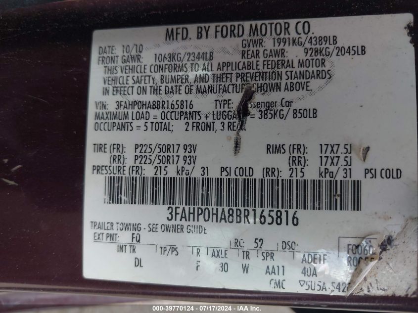 2011 Ford Fusion Se VIN: 3FAHP0HA8BR165816 Lot: 39770124