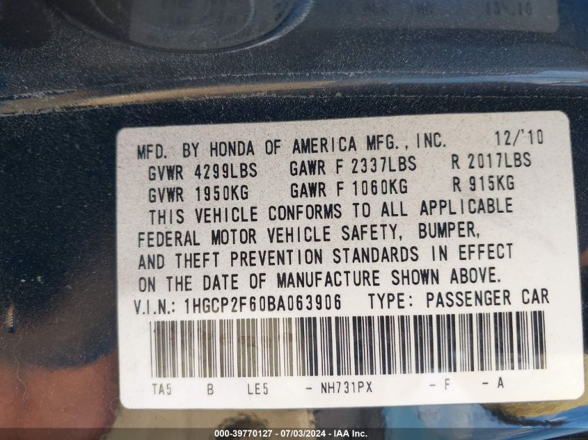 2011 Honda Accord 2.4 Se VIN: 1HGCP2F60BA063906 Lot: 39770127
