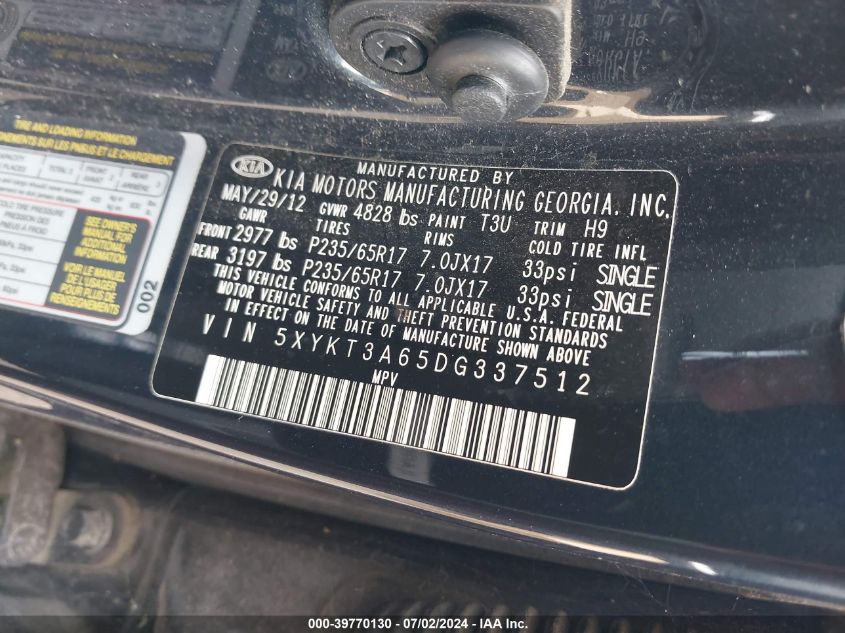 2013 Kia Sorento Lx VIN: 5XYKT3A65DG337512 Lot: 39770130