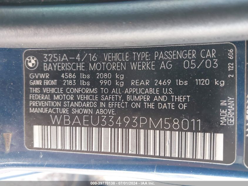 2003 BMW 325Xi VIN: WBAEU33493PM58011 Lot: 39770138