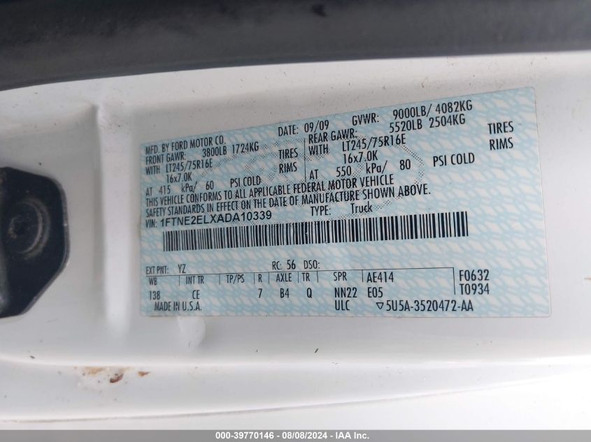 2010 Ford E-250 Commercial/Recreational VIN: 1FTNE2ELXADA10339 Lot: 39770146