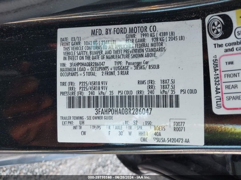 2011 Ford Fusion Se VIN: 3FAHP0HA0BR286047 Lot: 39770148